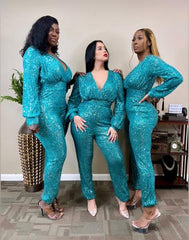 Ready For My Close Up Sequin Turquoise Jumpsuit